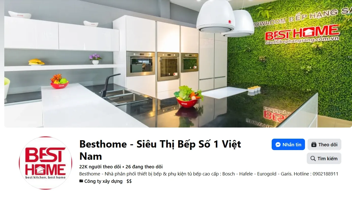Trang Facebook Besthome với ảnh bìa showroom bếp