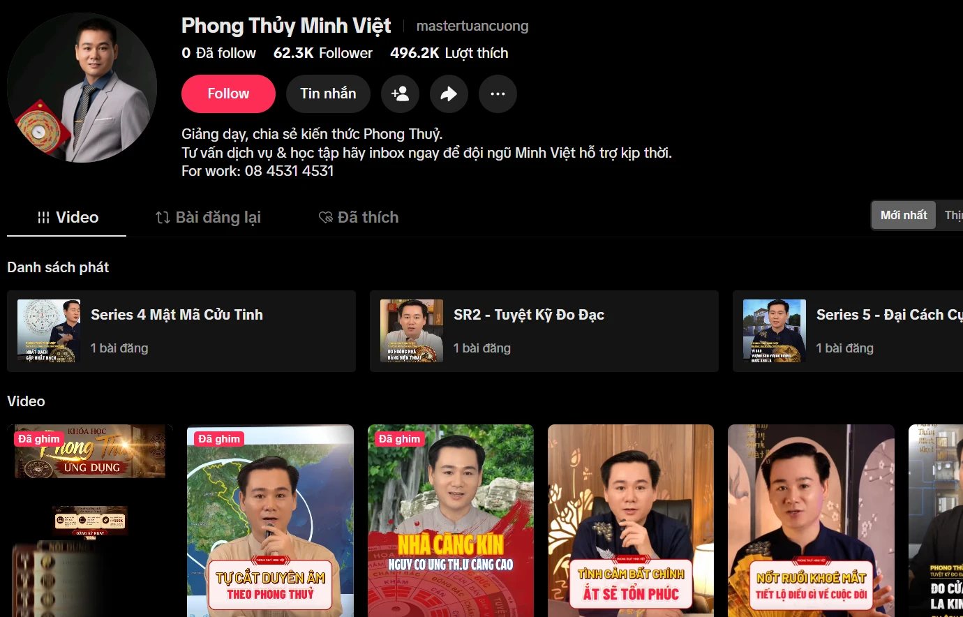 Trang TikTok Phong Thủy Minh Việt với 62,3 nghìn người theo dõi