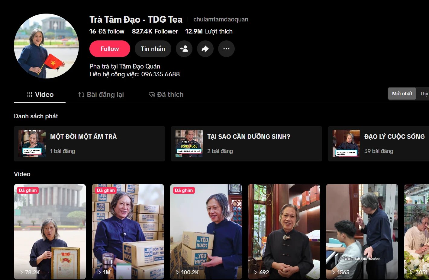 Trang TikTok Trà Tâm Đạo - TDG Tea với 827,4 nghìn người theo dõi