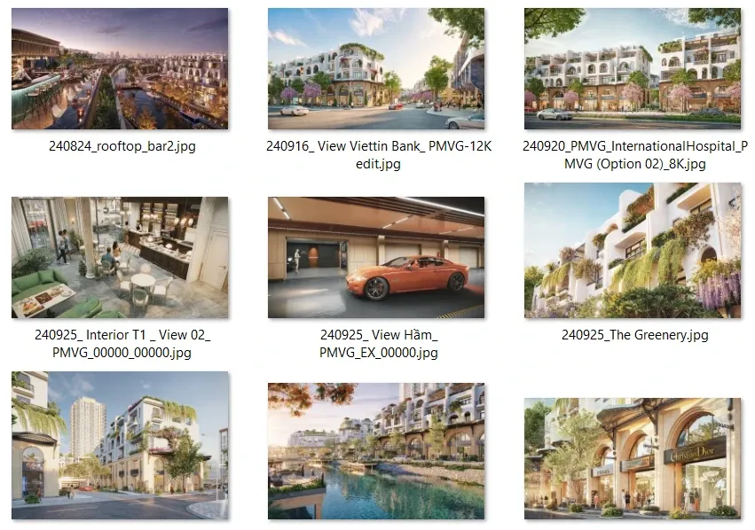 Chín hình phối cảnh ngoại thất, nội thất và tiện ích của một dự án nhà phố thương mại