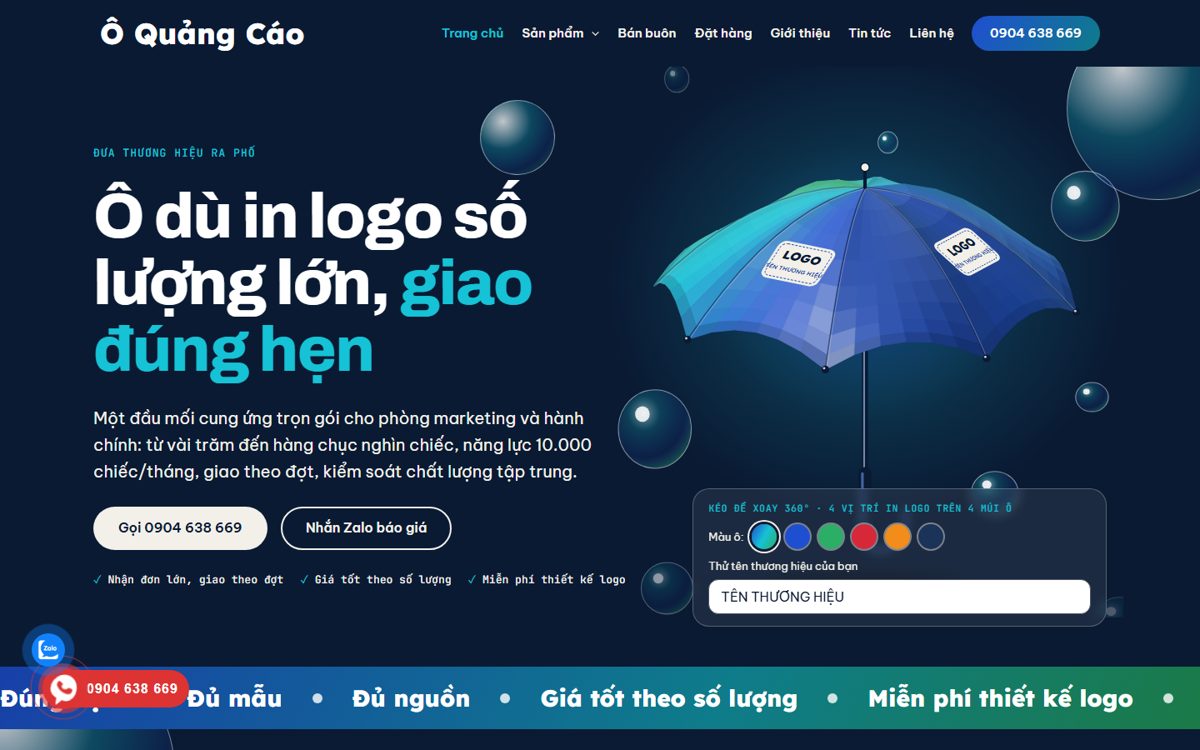 Phần mở đầu website Ô Quảng Cáo với công cụ xem thử ô dù in logo